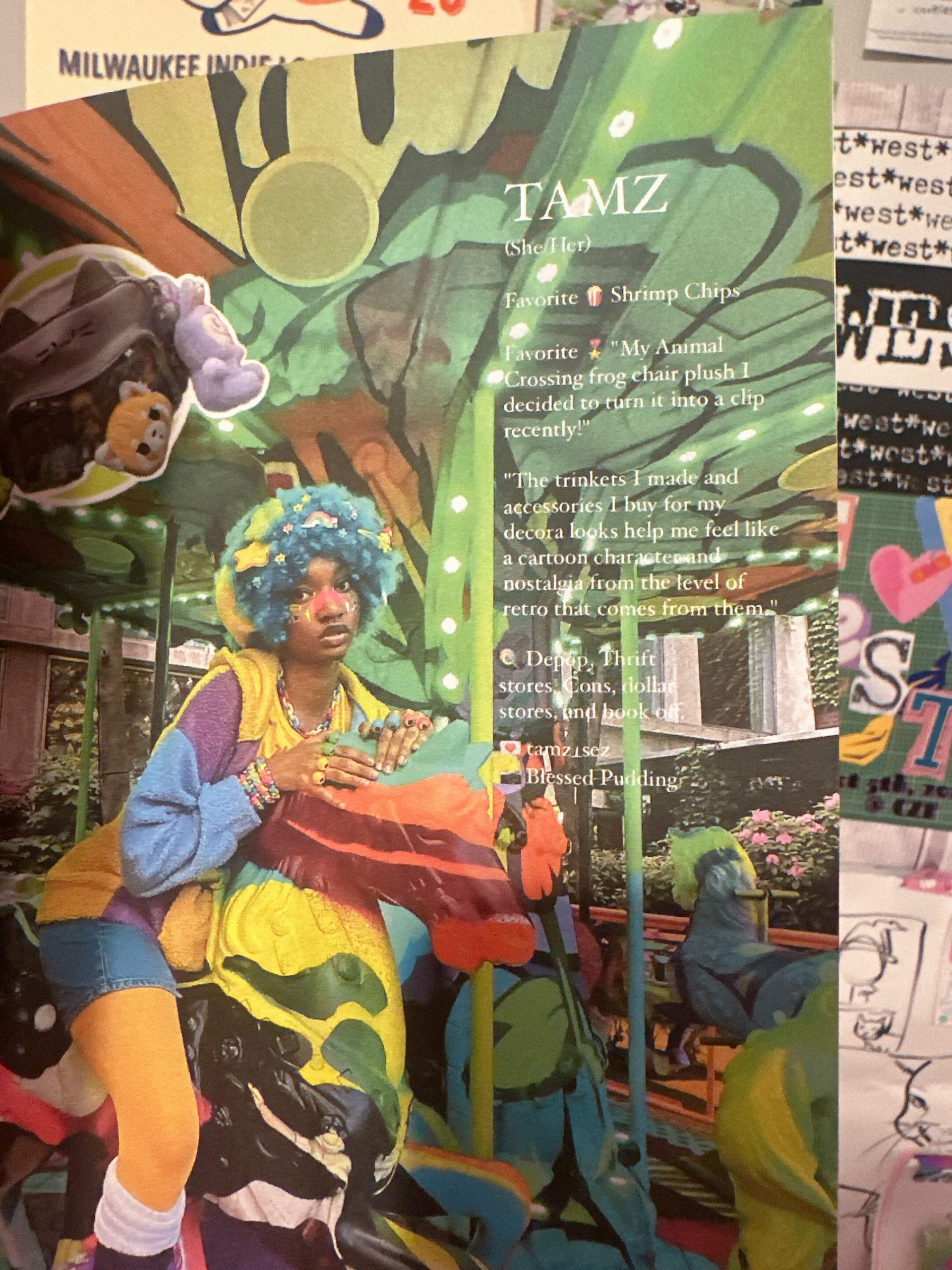 Cover of a page featuring TAMZ. She is colorful dressed atop a merry go round.