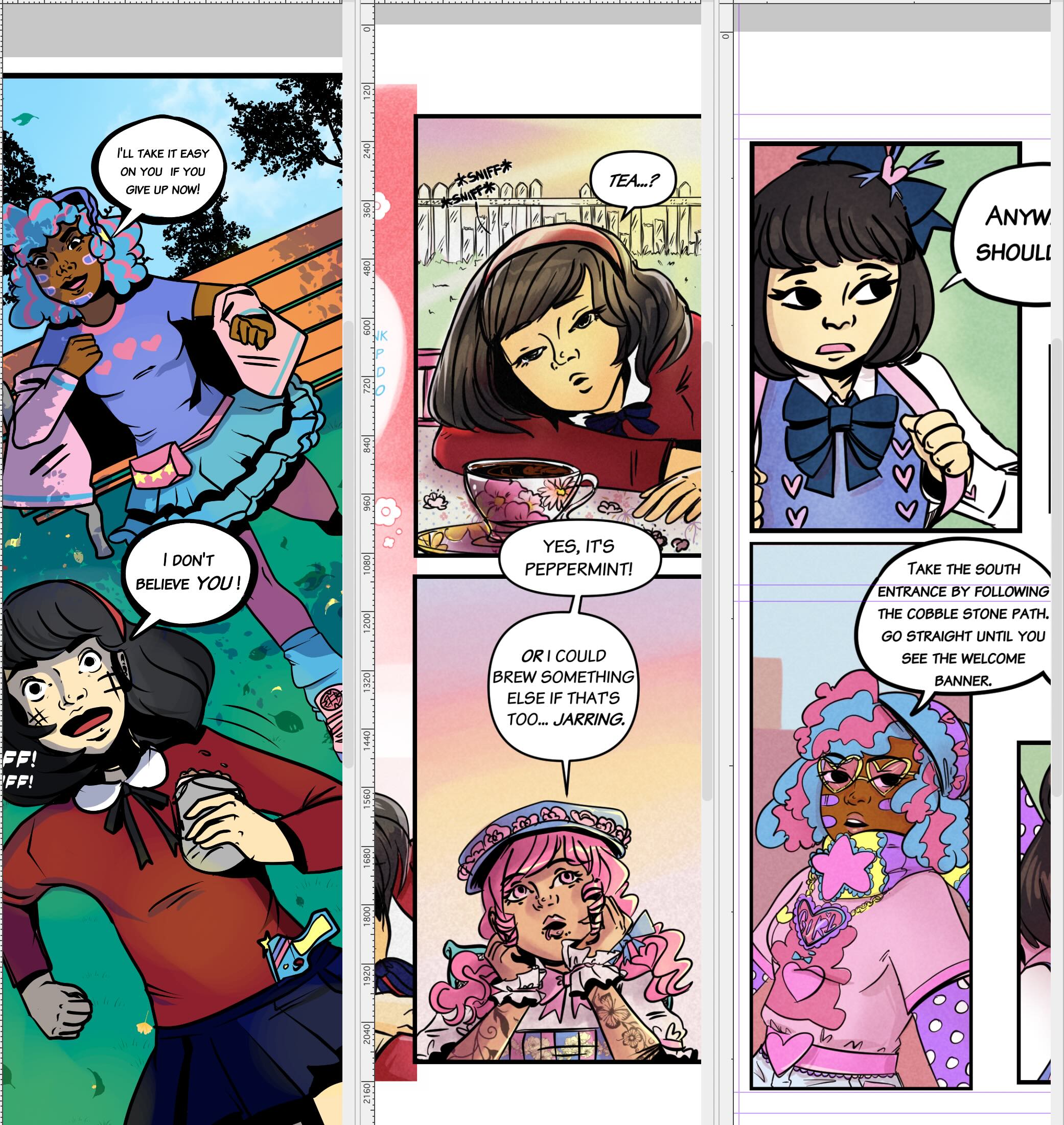 Screenshot of my comic pages from issue 1, issue 2, and what's more recent on my website